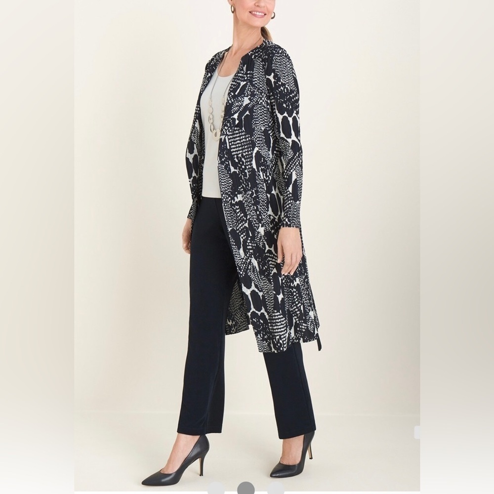 $148 Chicos Travelers Pleated Printed Duster Lightweight Jacket Navy Sz 0 4/6